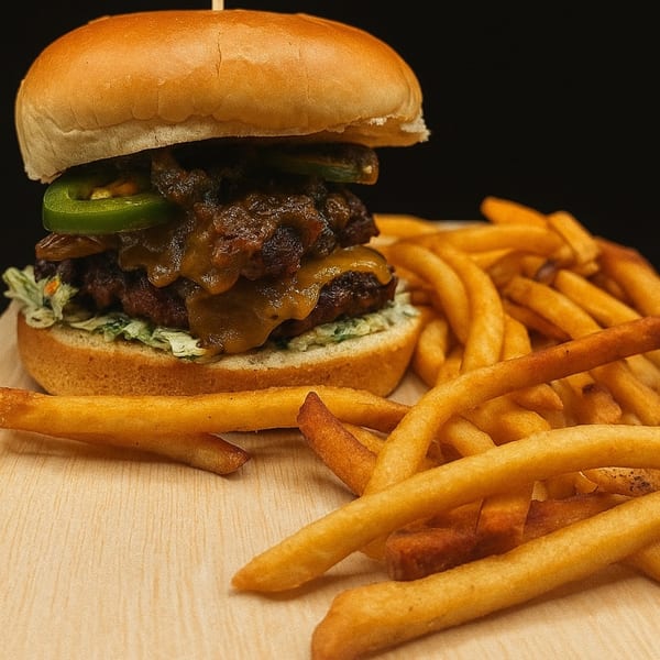 A juicy burger with melted cheese, caramelized onions, and jalapeños, served with golden fries.