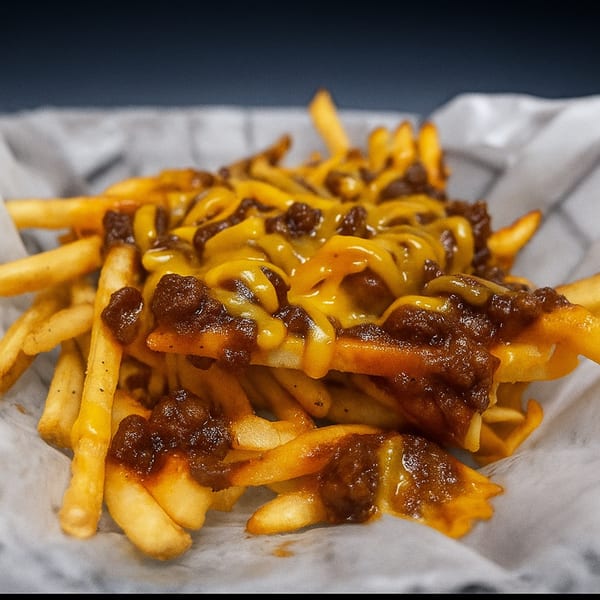 Close-up of golden french fries topped with melted cheese and chili, served in a paper-lined basket.