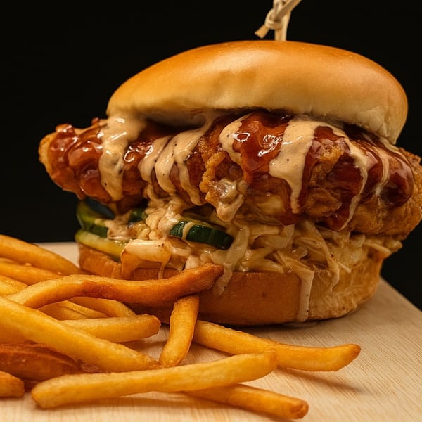 Crispy chicken sandwich with BBQ sauce, white sauce, and pickles, served with fries.