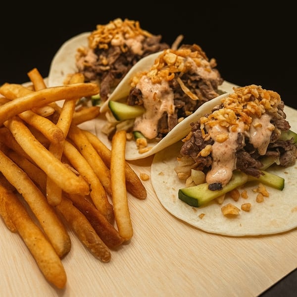 Three tacos with meat, sauce, and crispy toppings, served with a side of golden french fries.