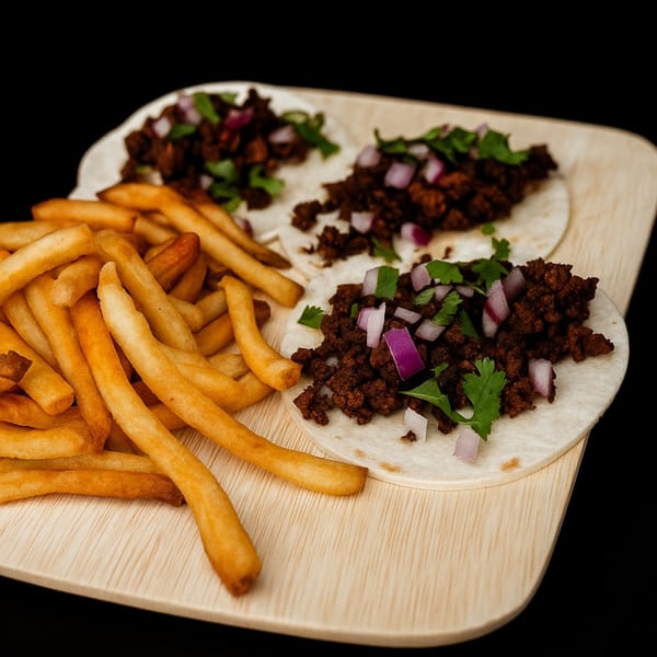 Three ground beef tacos with cilantro and red onion, served with a side of golden french fries.
