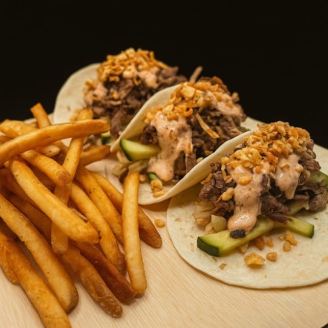 Kung Pao Wagyu Brisket Tacos.