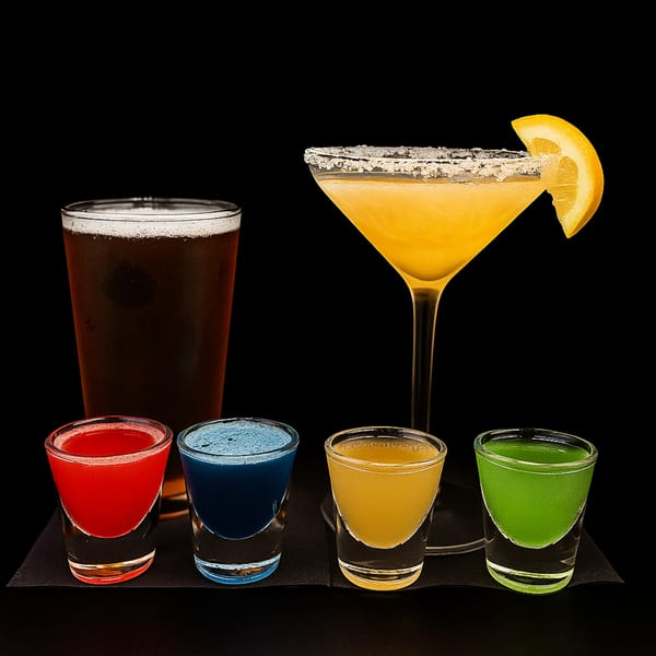 A dark beer, a yellow martini with a lemon, and four colorful shots on a black background.
