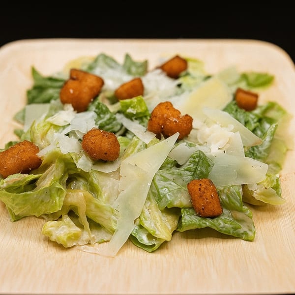 Caesar salad with crisp lettuce, creamy dressing, crunchy croutons, and shaved Parmesan cheese.