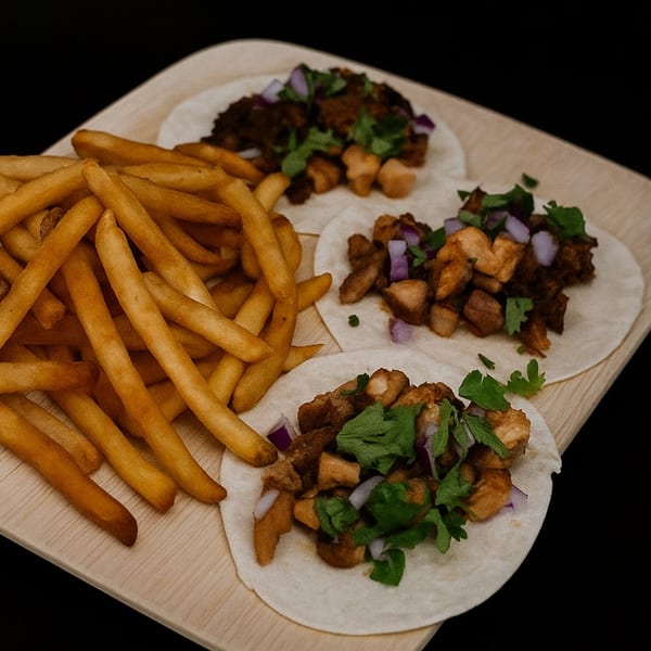 Three tacos with meat, onions, and cilantro, served with a side of golden french fries.