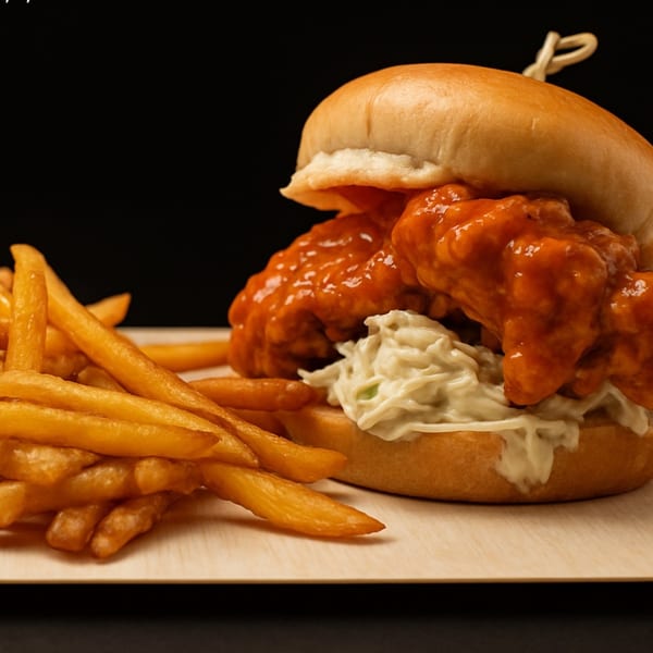Buffalo chicken sandwich with coleslaw and a side of golden fries on a wooden board.