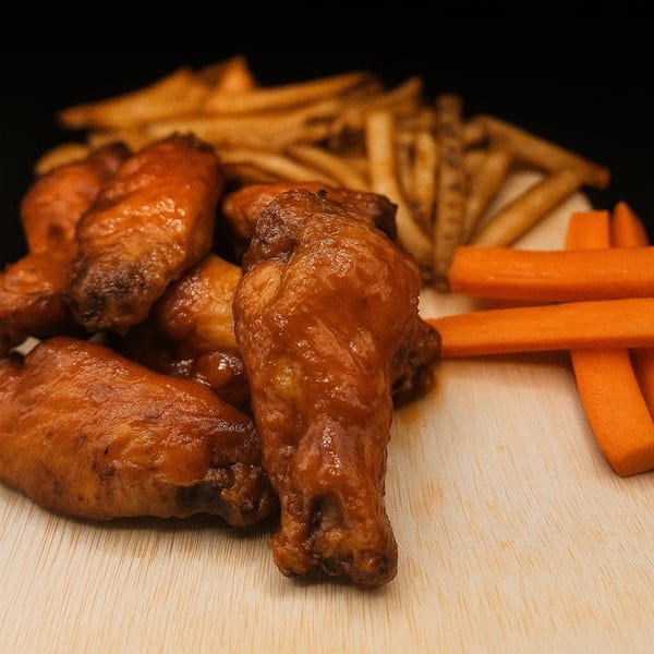 Kelly Brothers Irish Pub's chicken wings, fries, and carrot sticks on a wooden board.