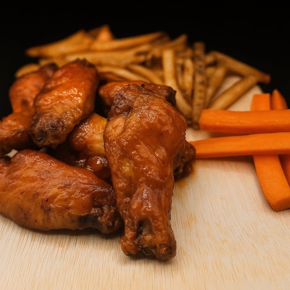 Kelly Brothers Irish Pub's chicken wings, fries, and carrot sticks on a wooden board.